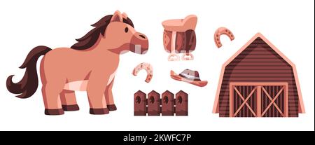 Horse Illustration Set Kollektion Objekt Hufeisenscheune und Sattel Stock Vektor