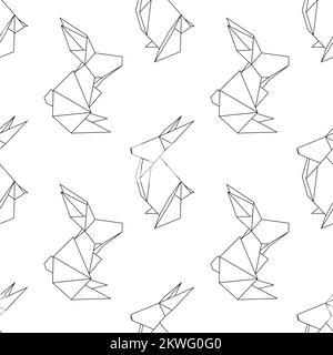 Nahtloses Vektormuster mit Kontur-Origami-Kaninchen auf weißem Hintergrund. Textur mit polygonalen Hasen. Symbol des Chinesen des Neujahrs. Stock Vektor