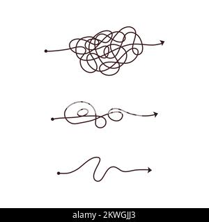 Einfache Linie und komplexe einfache Weise. Kritzeln Doodle Chaos Denkweise. Problemlösung, schwierige Linie. Vektor-Handgezeichneter Konzeptpfad Stock Vektor