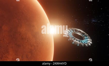 Blick auf die Erde und ein Schiff, das sich dem Mars nähert. Detaillierte und realistische 3d-Darstellung. Schwebendes Raumschiff in den Univers, Shuttle in die Atmosphäre. Bilder von der NASA. Gerenderte 3D-Illustration Stockfoto