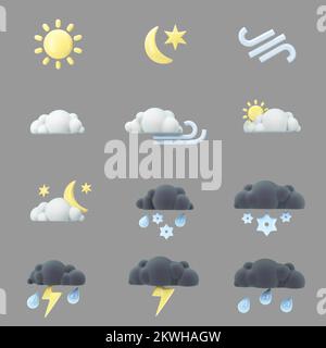 Satz dreidimensionaler Wettersymbole für eine Anwendung oder Website 3D-Rendering auf Grau Stockfoto