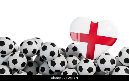 England Flag Heart mit Fußballhintergrund. Fußball-Banner. 3D-Rendering Stockfoto