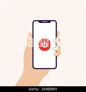 Halten Sie das Smartphone mit der Hand in vertikaler Position auf dem Banner. Konzept der Mobiltelefonsucht, ausschalten. Vektordarstellung, flaches Design Stock Vektor