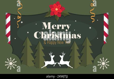 Inschrift Merry christmas Trees Deer Snowflakes in Papierform Baner Stock Vektor