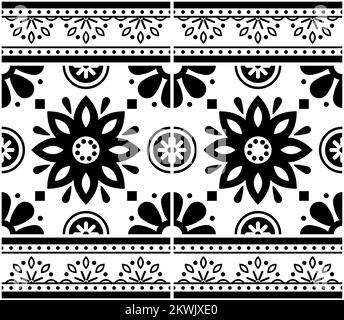 Portugiesische Azulejo-Fliesen nahtloses Vektorblümchenmuster mit Rahmen oder Rand – dekoratives Retro-Design mit Blumen in Schwarz und Weiß Stock Vektor