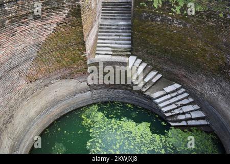 Helical Stepwell, Brunnen aus dem 16.. Jahrhundert hat eine 1,2m m breite Treppe, Champaner-Pavagadh Archäologisches Park, ein UNESCO-Weltkulturerbe, Gujarat, Indien Stockfoto