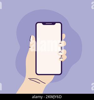 Halten Sie Ihr Smartphone mit der Hand in horizontaler Position. Leerer Bildschirm. Vektordarstellung, flaches Design Stock Vektor