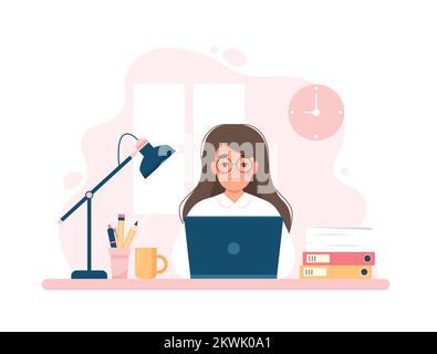 Frau, die mit einem Computer arbeitet, Büroangestellte, Heimbüro, Niedliche Konzeptvektordarstellung im flachen Stil Stock Vektor