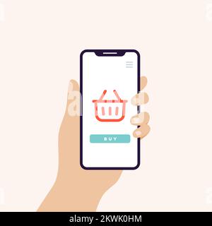 Halten Sie das Smartphone mit der Hand in vertikaler Position auf dem Banner. Bildschirm mit Warenkorb und Käufertaste. Konzept von Online-Shopping, Supermarkt Stock Vektor