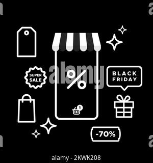 Black Friday Day-Banner. Smartphone mit Werbesymbolen für Marketing, Werbung und soziale Medien. Vektordarstellung, flaches Design Stock Vektor