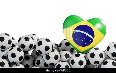 Brasilianisches Flaggenherz mit Fußballhintergrund. Fußball-Banner. 3D-Rendering Stockfoto