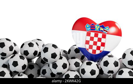 Kroatien Flaggenherz mit Fußballhintergrund. Fußball-Banner. 3D-Rendering Stockfoto