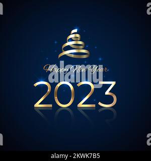 Neujahr 2023. Glänzendes goldenes 2023 mit Band auf blauem Hintergrund. Logo in glänzendem Gold. Weihnachtsgrußkarte. Dekoration für Partyveranstaltungen. Neujahrsdesign Stock Vektor