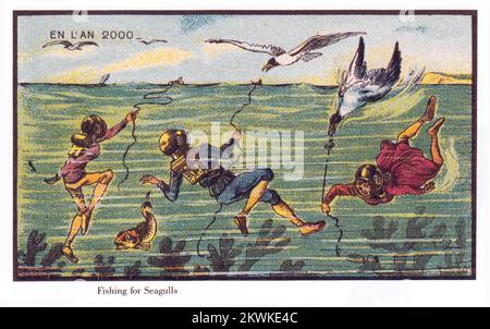 Fishing for Seagulls aus der Serie France en L'an 2000 France in the Year 2000 (XXI Century) eine Reihe futuristischer Bilder von Jean-Marc Côté und anderen Künstlern, herausgegeben in Frankreich in den Jahren 1899, 1900, 1901 und 1910. Ursprünglich in Form von Papierkarten, die in Zigaretten-/Zigarrenschachteln eingeschlossen waren, und später als Postkarten, zeigten die Bilder die Welt so, wie sie sich im Jahr 2000 vorgestellt hatte. Stockfoto