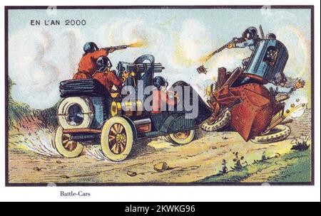Battle Cars aus der Serie France en L'an 2000 Frankreich im Jahr 2000 (XXI. Jahrhundert) eine Reihe futuristischer Bilder von Jean-Marc Côté und anderen Künstlern, herausgegeben in Frankreich 1899, 1900, 1901 und 1910. Ursprünglich in Form von Papierkarten, die in Zigaretten-/Zigarrenschachteln eingeschlossen waren, und später als Postkarten, zeigten die Bilder die Welt so, wie sie sich im Jahr 2000 vorgestellt hatte. Stockfoto
