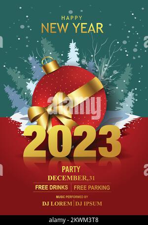 Windel Neujahr 2023 Hintergrund. Weihnachtskugeln mit goldenem Ball. Vektordesign für Partyeinladungen Stock Vektor