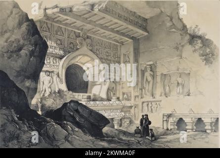 Ajunta - Außenansicht der Chaitya-Höhle, Nr. 19. Aus dem Buch " Illustrationen der in Felsen gehauenen Tempel von Indien " ausgewählt aus den besten Beispielen der verschiedenen Höhlenreihen in Ellora, Ajunta, Cuttack, Salsette, Karli, Und Mahavellipore. Gezeichnet auf Stein von Mr. T. C. Dibdin, aus Skizzen, die vor Ort in den Jahren 1838-9 VON JAMES FERGUSSON gemacht wurden, Publikationsdatum 1845 Publisher London, J. Weale Stockfoto