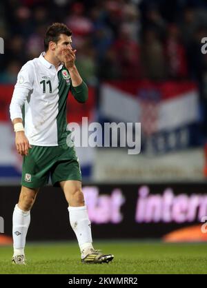 Wales' Gareth Bale sieht nach dem Spiel deprimiert aus Stockfoto