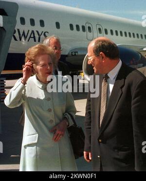 Dateifoto vom 15.09.1998. Kroatien, Zagreb - Margaret Hilda Thatcher, britische Politikerin und am längsten amtierende Premierministerin im Vereinigten Königreich, die während ihres Besuchs in Zagreb als "eiserne Dame" bekannt war. Foto: Patrik Macek/Pixsell Stockfoto