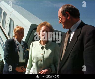 Dateifoto vom 15.09.1998. Kroatien, Zagreb - Margaret Hilda Thatcher, britische Politikerin und am längsten amtierende Premierministerin im Vereinigten Königreich, die während ihres Besuchs in Zagreb als "eiserne Dame" bekannt war. Foto: Patrik Macek/Pixsell Stockfoto