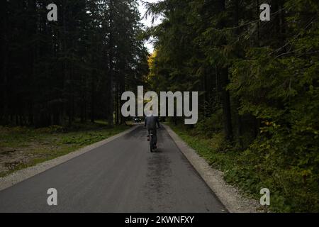 Mountainbike-Mann, der mit dem Fahrrad durch die Waldlandschaft der Sunset Mountains fährt. Familiensport und Fitness im Freien Stockfoto