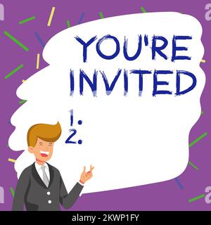 Handgeschriebener Text You'Re invited, Word written on Bitte begleiten Sie uns in unserer Feier Willkommen sei ein Gast Stockfoto