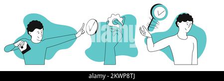 Online-Digitalarbeit und man-working-Vektorbildkonzept. Geschäftsnetzwerk und Internetkommunikation mit dem Büro. Medienverbindung und virtuell Stock Vektor