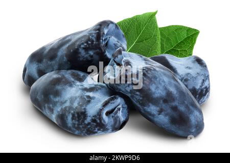 Frische blaue Geißelbeere isoliert auf weißem Hintergrund mit voller Schärfentiefe Stockfoto