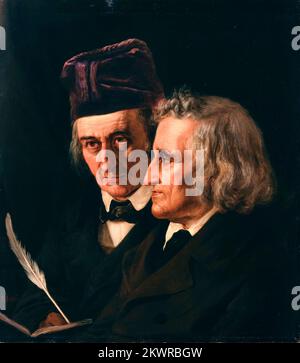 Brüder Grimm, Wilhelm Grimm (1786-1859) (links) und Jacob Grimm (1785-1863) (rechts), Verleger und Geschichtenerzähler von Kindermärchen, Folklore- und Volksgeschichten, Ölporträt auf Leinwand von Elisabeth Jerichau-Baumann, 1855 Stockfoto