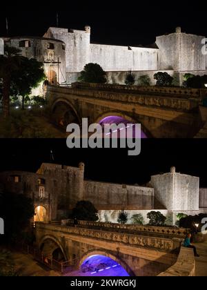 Die Kombi vom 29. März 2014 zeigt die Szenen vor (auf) und nach dem Wahrzeichen Stradun Dubrovnik Kroatien, das während der Earth Hour im Dunkeln versinkt Foto: Grgo Jelavic/PIXSELL Stockfoto