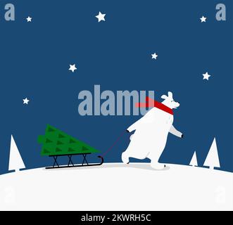 Süßer, einfacher, weißer Eisbär mit Weihnachtsbaum auf dem Schlitten. Vorlage für Winterferien, Konzept für frohe weihnachten. Vektordarstellung. Stock Vektor