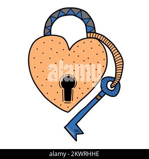 Durchgehende einzeilige Zeichnung eines herzförmigen Schlosses und Schlüssels. Vektordarstellung Stock Vektor