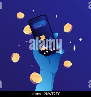 Crypto Game auf Ihrem Smartphone. P2E Illustration der Kryptospiele. Vektordarstellung Stock Vektor