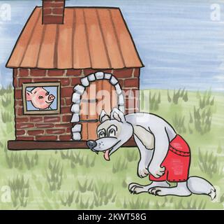 Aquarell, von Hand gezeichnet, drei Schweine. Geschichte. Abbildungen und eine Abdeckung. Buchseite. Märchenbuch. Süße und lustige Zeichentrickfiguren. Perferct für Bücher, Stockfoto