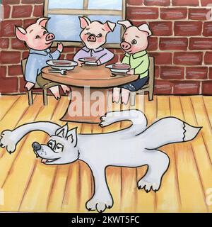 Aquarell, von Hand gezeichnet, drei Schweine. Geschichte. Abbildungen und eine Abdeckung. Buchseite. Märchenbuch. Süße und lustige Zeichentrickfiguren. Perferct für Bücher, Stockfoto