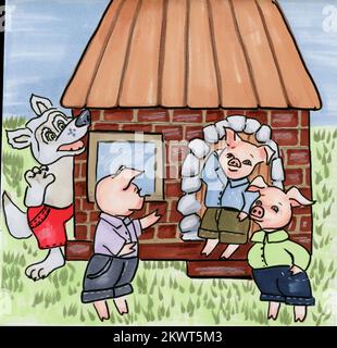 Aquarell, von Hand gezeichnet, drei Schweine. Geschichte. Abbildungen und eine Abdeckung. Buchseite. Märchenbuch. Süße und lustige Zeichentrickfiguren. Perferct für Bücher, Stockfoto