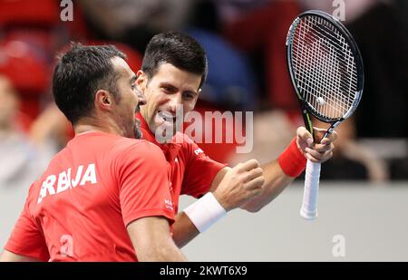 07.03.2015., Kraljevo, Serbien - Davis Cup World Group, erste Runde, Tennisspiel verdoppelt, Serbien - Kroatien: Novak Djokovic, Nenad Zimonjic - Franko Skugor, Marin Draganja. Foto: Slavko Midzor/PIXSELL Stockfoto