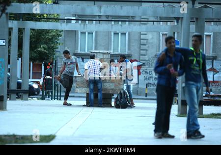 19.08.2015., Belgrad, Serbien - Einwanderer aus Syrien, Somalia, Afghanistan usw. versammelten sich in Parks rund um den Bus- und Bahnhof in Belgrad. Derzeit warten mehr als 70.000 Asylbewerber in Serbien darauf, in die EU zu reisen. Die Flüchtlingslager sind voll, und jeden Tag kommen mehr Menschen. Sie bleiben mehrere Stunden und gehen. Die Zahl der Einwanderer, die täglich nach Serbien kommen, wird nicht so bald zurückgehen, wie die Asylbewerber selbst beweisen, die glauben, dass mehrere Millionen Menschen Serbien passieren werden. Sie verbrachten Nächte im Freien, nur wenige haben ein Zelt. Foto: Sanjin Strukic/ Stockfoto