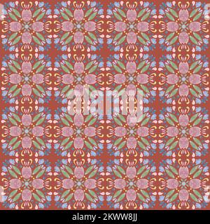 Nahtloses Muster mit orientalischen Motiven. Geometrisches Blumendesign. Rosafarbenes, grünes und blaues Holzkohle-Ornament. Moderner Boho-Modedruck. Stockfoto