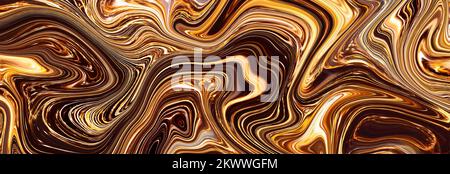 Luxuriöser, goldener Marmorhintergrund mit Panoramablick. Abstrakte goldene Metallic-Textur. Flüssigfolienglitzer. Wunderschönes Fantasy-Tintenmuster. Horizontal trendy Stockfoto