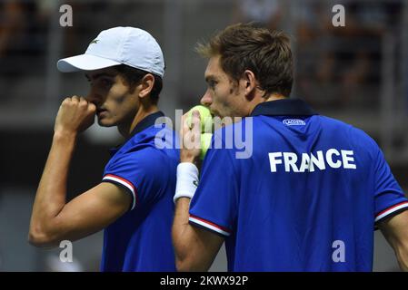 17.09.2016., Kroatien, Zadar - Zadar - Halbfinale des Davis Cup, Kroatien - Frankreich, Doubles, Marin Cilic und Ivan Dodig - Pierre-Hugues Herbert und Nicolas Mahut. Pierre-Hugues Herbert; Nicolas Mahut Foto: Hrvoje Jelavic/PIXSELL Stockfoto