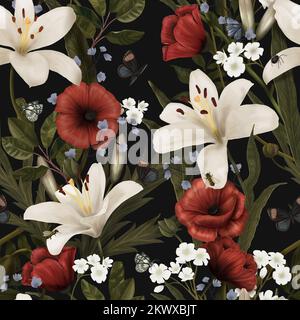 Nahtloses Blumenmuster mit Blumen, Blättern, Schmetterlingen. Luxusmodell 3D. Hochwertige Vintage-Tapete. Glamouröse Kunst mit Lilien und Mohnblumen. D Stockfoto