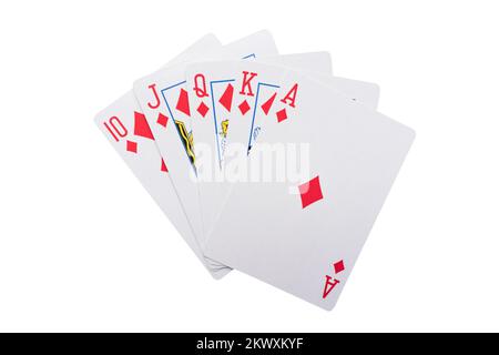Karten isoliert auf weißem Hintergrund spielen. Hand der Spielkarten isoliert. Stockfoto