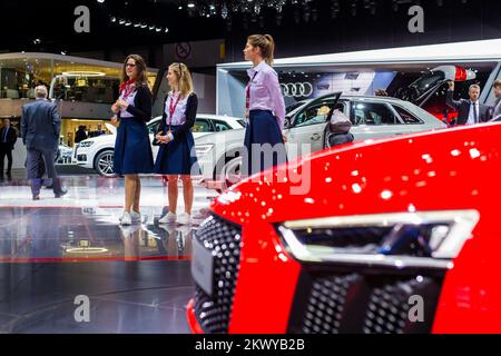 Detail des Audi R8 V10 PLUS auf der Automesse in Genf, Schweiz, CH, am 7. März 2017. (Foto: Saso Domijan) Stockfoto