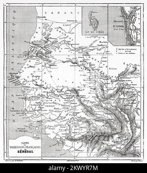 Karte des französischen Besitzes im Senegal. Afrika. Reisen und Expedition nach Senegal und in die angrenzenden Länder 1847-1860 Stockfoto