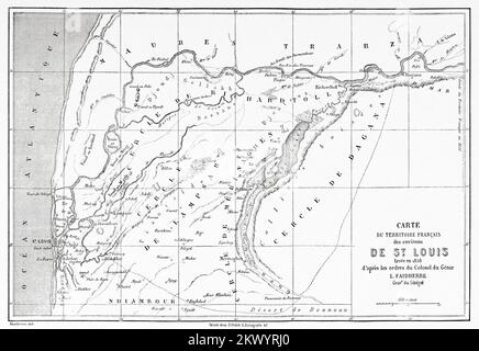 Karte des französischen Territoriums der Umgebung von St. Louis 1858, Senegal. Afrika. Reisen und Expedition nach Senegal und in die angrenzenden Länder 1847-1860 Stockfoto