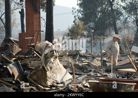 Wildfire, Rancho Bernardo, CA, 28. Oktober 2007 Ein Freund der Familie hilft bei der Suche nach persönlichen Gegenständen in diesem Haus in Rancho Bernardo, das von den San Diego Wildfire zerstört wurde Andrea Booher/FEMA... Fotos zu Katastrophen- und Notfallmanagementprogrammen, Aktivitäten und Beamten Stockfoto