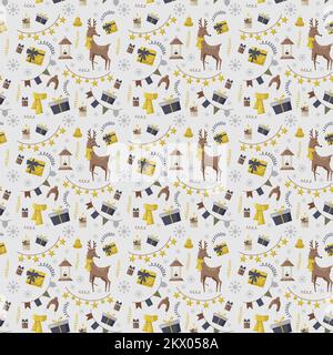 Weihnachten nähert Muster mit Baum, weihnachtsmann, Dekoration, Geschenken. Nahtloses Weihnachtsmuster, perfekt für Textil, Wrap, Tapeten und Design. Stock Vektor