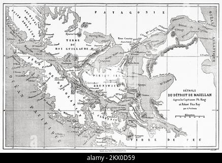 Alte Karte der Magellanstraße, Patagonien. Chile, Südamerika. Tagebuch einer Reise zur Magellanstraße von V de Rochas 1856-1859. Le Tour du Monde 1861 Uhr Stockfoto