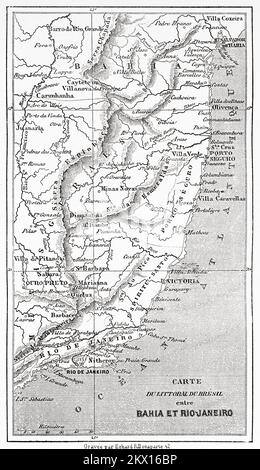 Karte der brasilianischen Küste zwischen Bahia und Rio de Janeiro, Brasilien, Südamerika. Die Reise des französischen Malers Francois Auguste Biard in Brasilien 1858-1859 Stockfoto